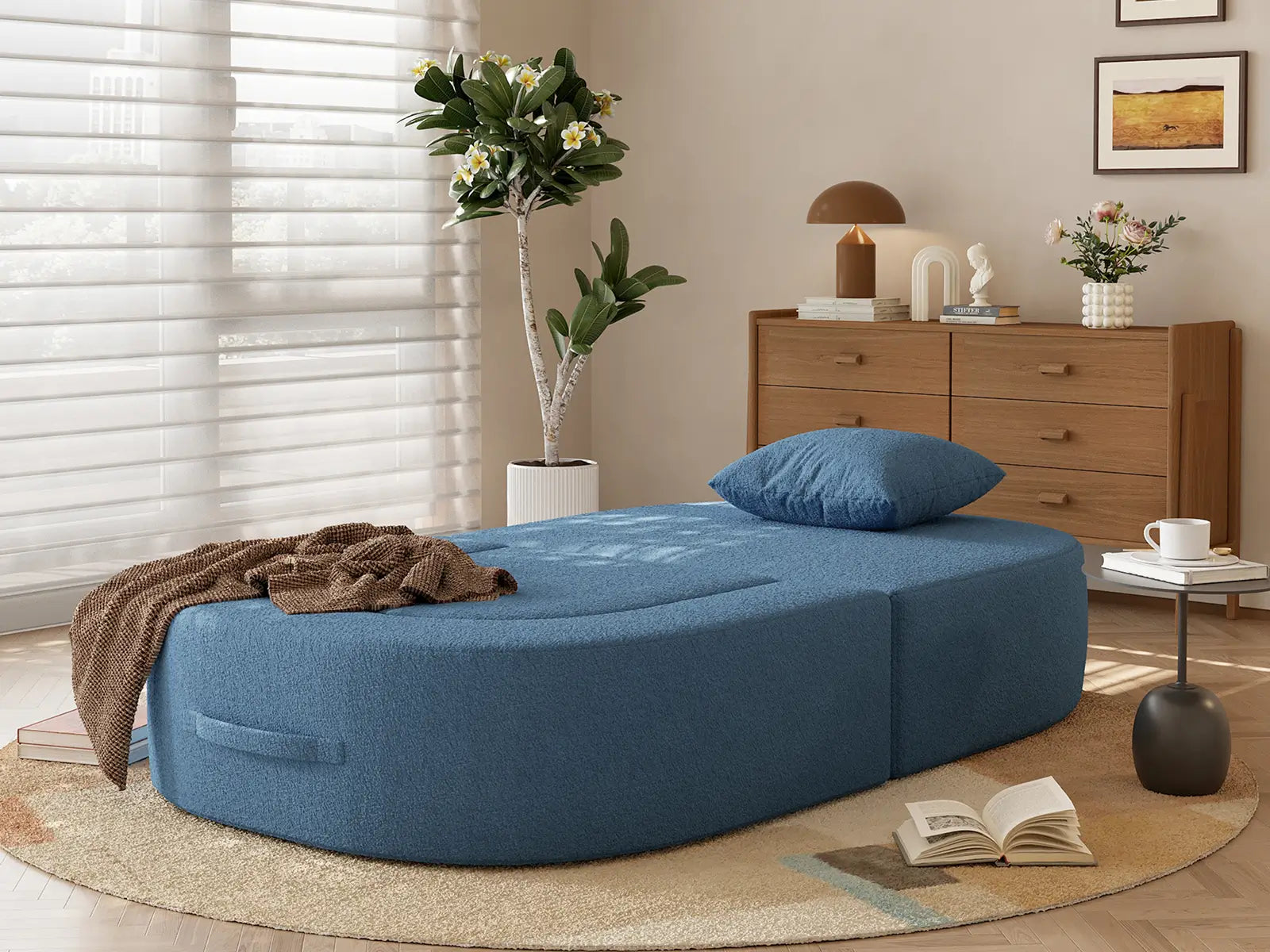 Essential 1-Seater Blue Small Space Single Sofa | Teddy Velvet Fabric, Includes Ottoman, Convertible Sleeper Design