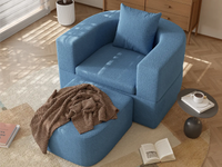 Essential 1-Seater Blue Small Space Single Sofa | Teddy Velvet Fabric, Includes Ottoman, Convertible Sleeper Design