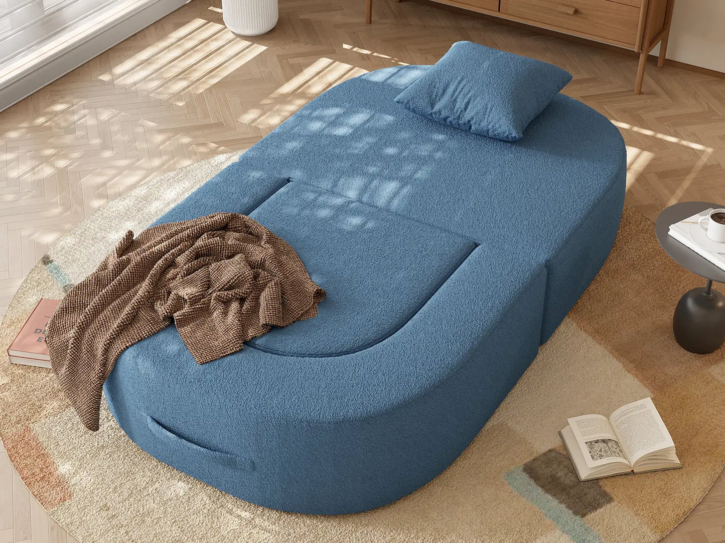 Essential 1-Seater Blue Small Space Single Sofa | Teddy Velvet Fabric, Includes Ottoman, Convertible Sleeper Design
