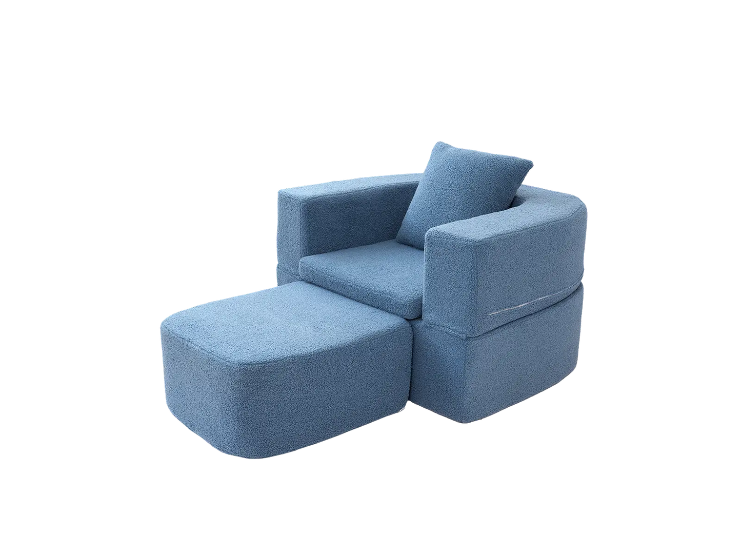 Essential 1-Seater Blue Small Space Single Sofa | Teddy Velvet Fabric, Includes Ottoman, Convertible Sleeper Design