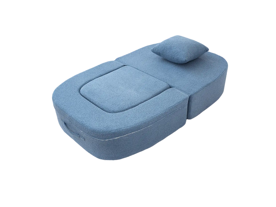 Essential 1-Seater Blue Small Space Single Sofa | Teddy Velvet Fabric, Includes Ottoman, Convertible Sleeper Design