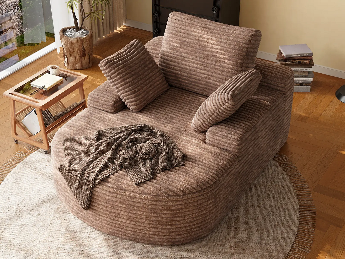 Essential 1-Seater Brown Small Space Single Sofa | 1-Piece, Corduroy Fabric, Chaise-Style Comfort, Compact Design