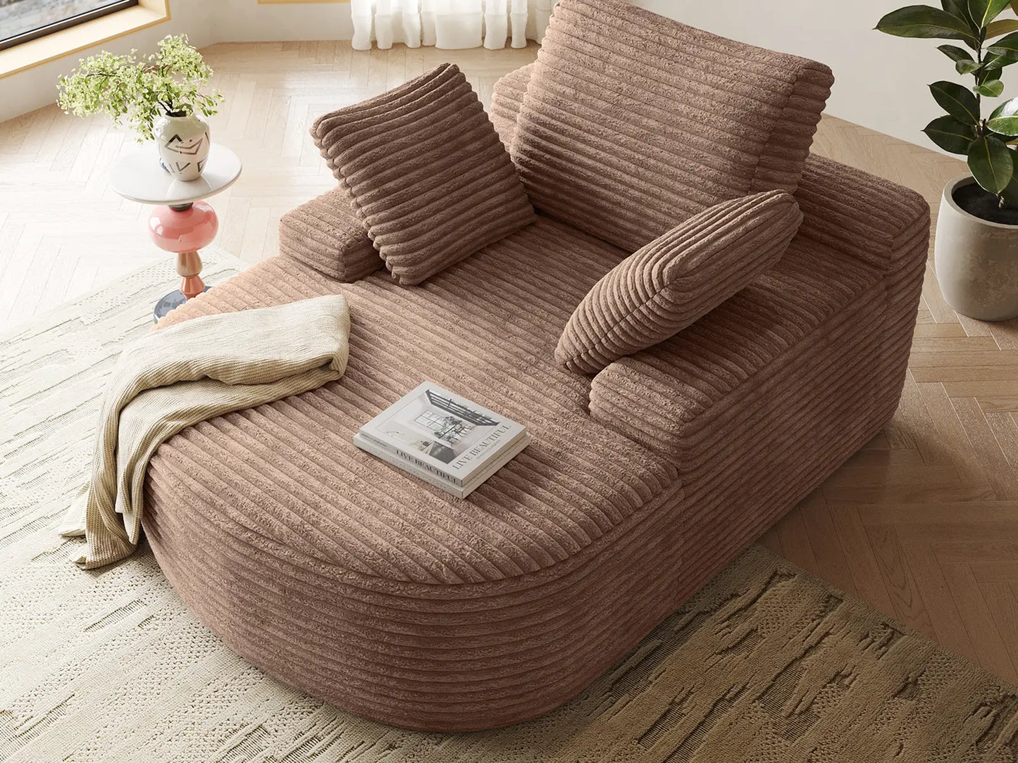 Essential 1-Seater Brown Small Space Single Sofa | 1-Piece, Corduroy Fabric, Chaise-Style Comfort, Compact Design