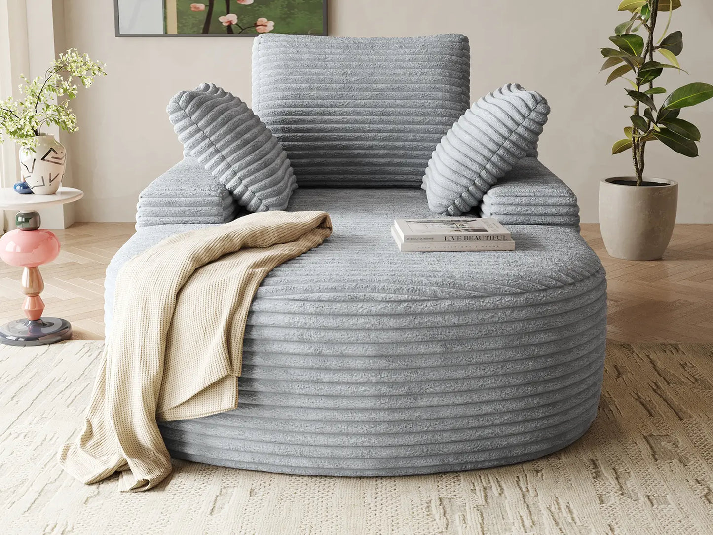 Essential 1-Seater Light Grey Small Space Single Sofa | 1-Piece, Corduroy Fabric, Chaise-Style Comfort, Compact Design