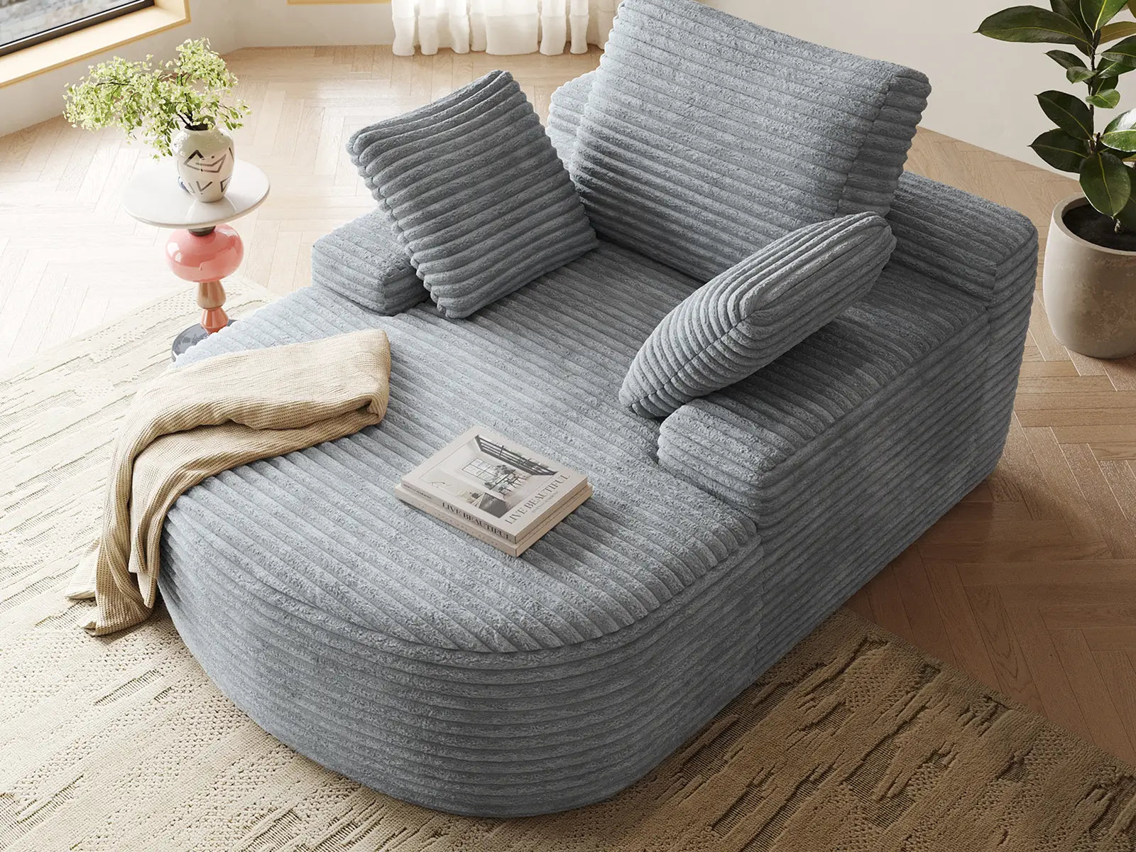 Essential 1-Seater Light Grey Small Space Single Sofa | 1-Piece, Corduroy Fabric, Chaise-Style Comfort, Compact Design