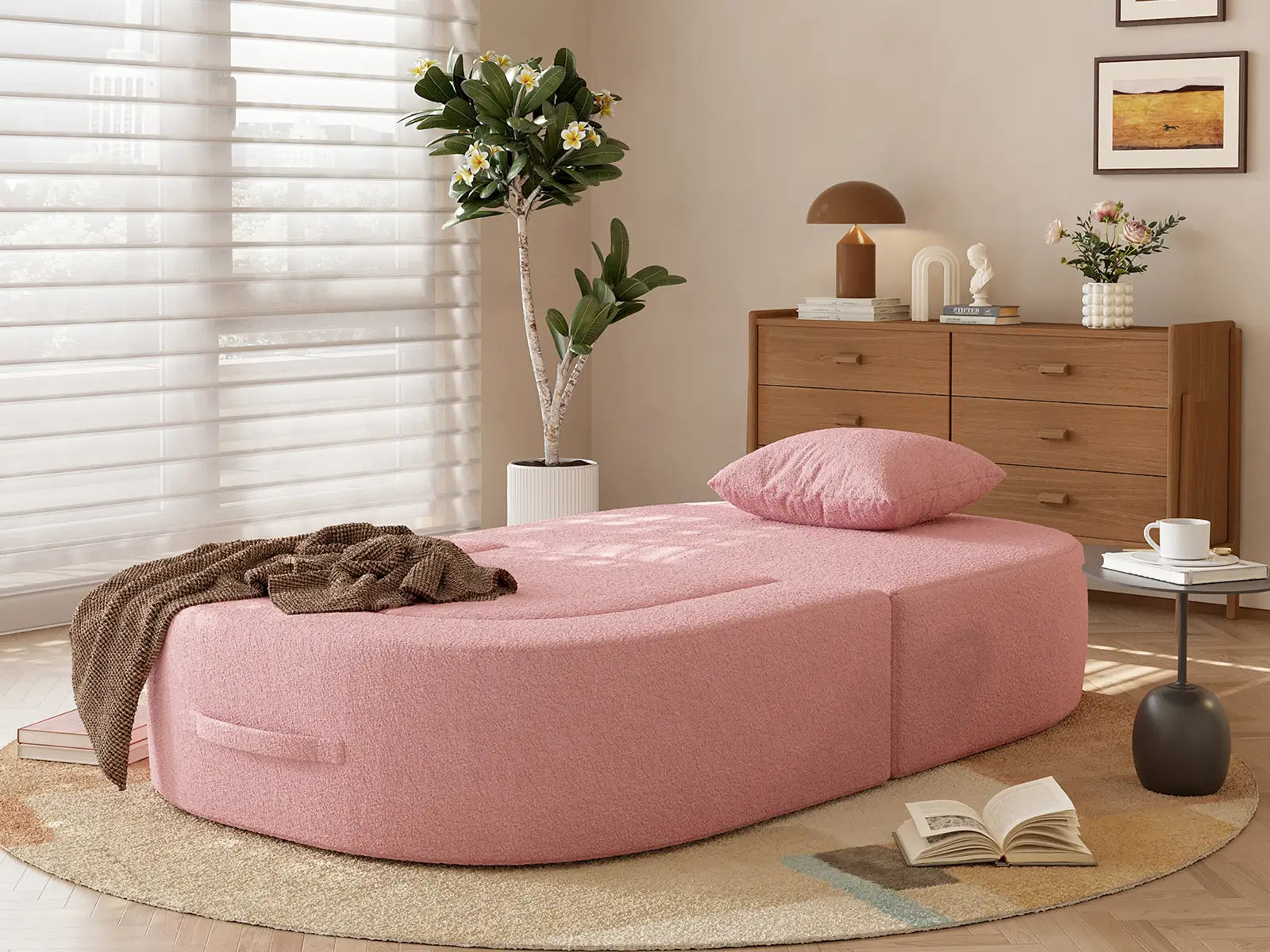 Essential 1-Seater Pink Small Space Single Sofa | Teddy Velvet Fabric, Includes Ottoman, Convertible Sleeper Design