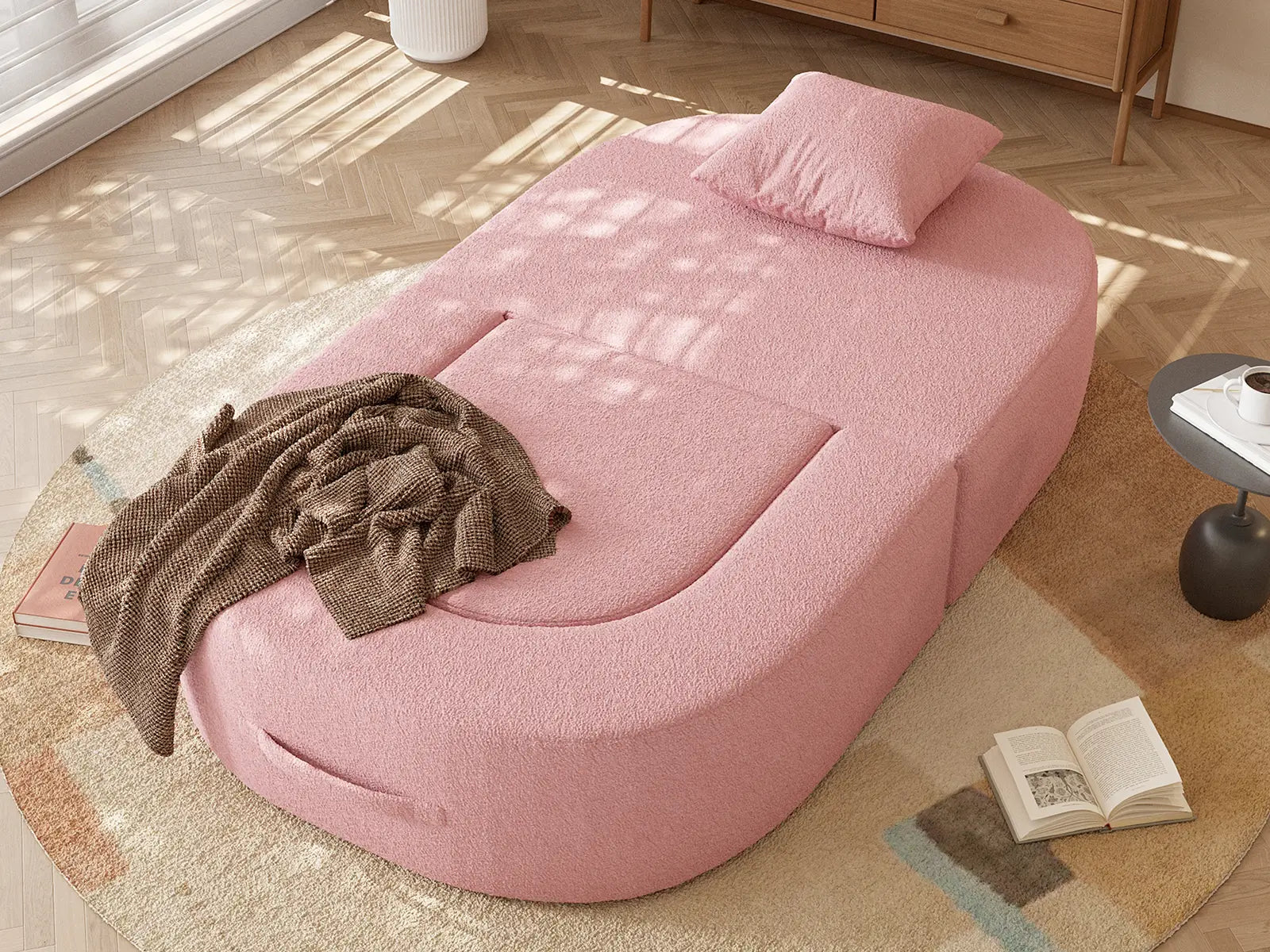 Essential 1-Seater Pink Small Space Single Sofa | Teddy Velvet Fabric, Includes Ottoman, Convertible Sleeper Design