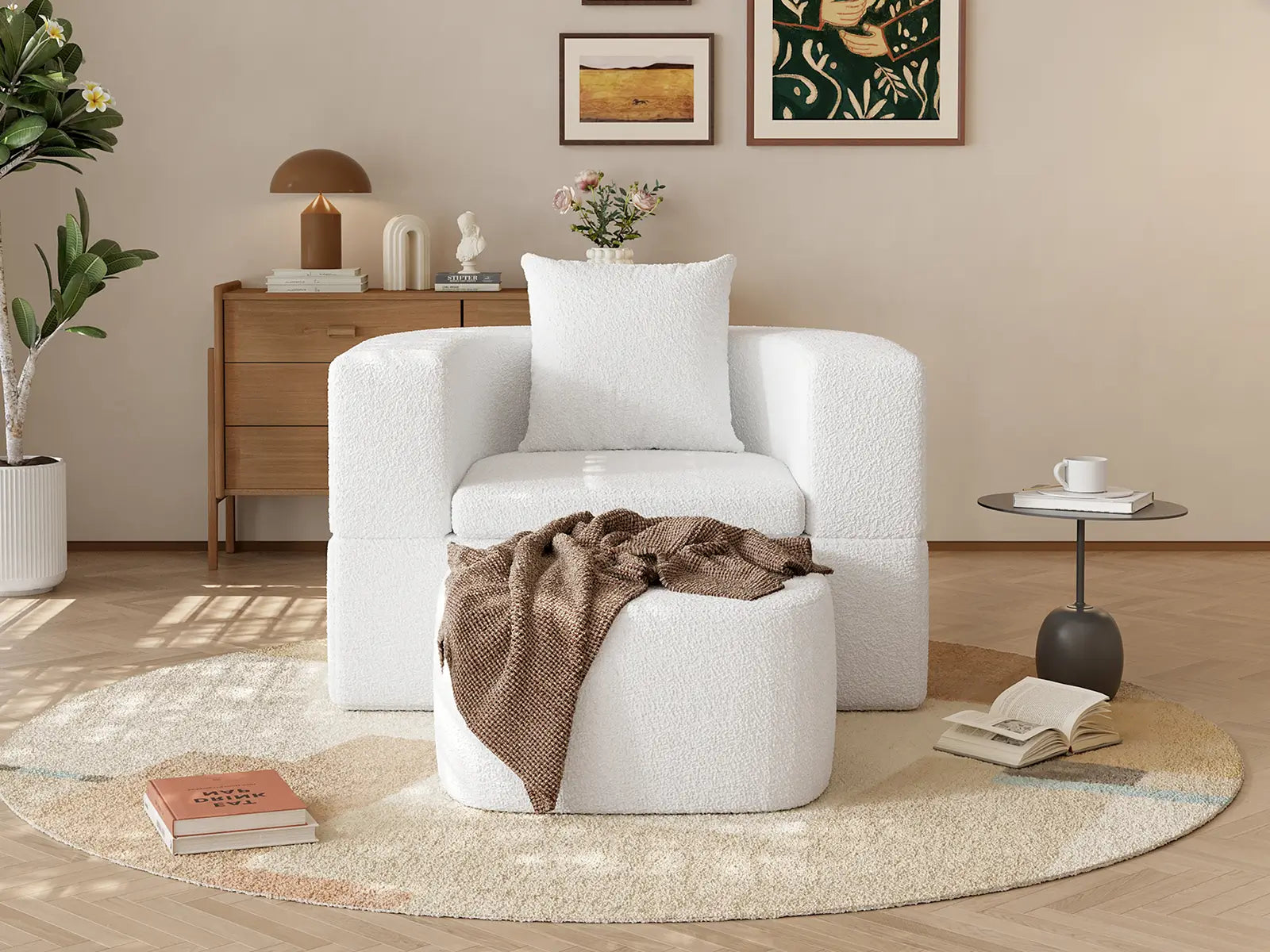 Essential 1-Seater White Small Space Single Sofa | Teddy Velvet Fabric, Includes Ottoman, Convertible Sleeper Design