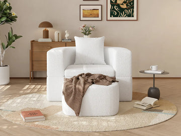 Essential 1-Seater White Small Space Single Sofa | Teddy Velvet Fabric, Includes Ottoman, Convertible Sleeper Design