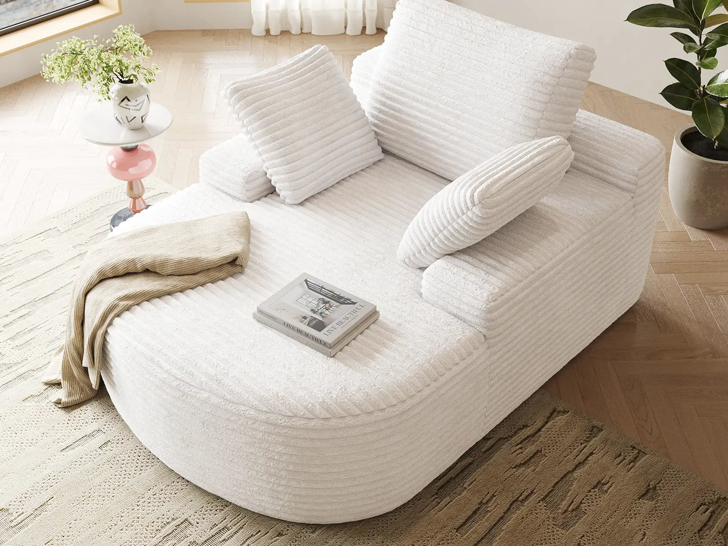 Essential 1-Seater White Small Space Single Sofa | 1-Piece, Corduroy Fabric, Chaise-Style Comfort, Compact Design