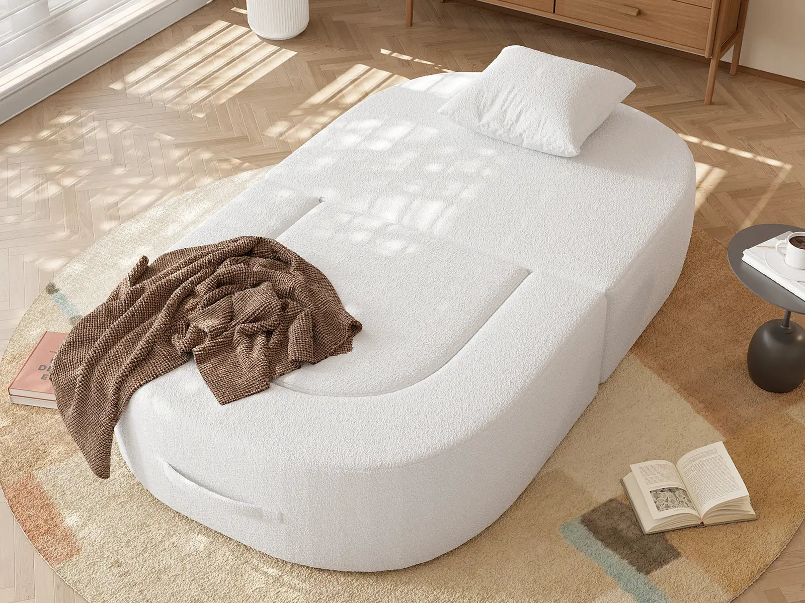 Essential 1-Seater White Small Space Single Sofa | Teddy Velvet Fabric, Includes Ottoman, Convertible Sleeper Design
