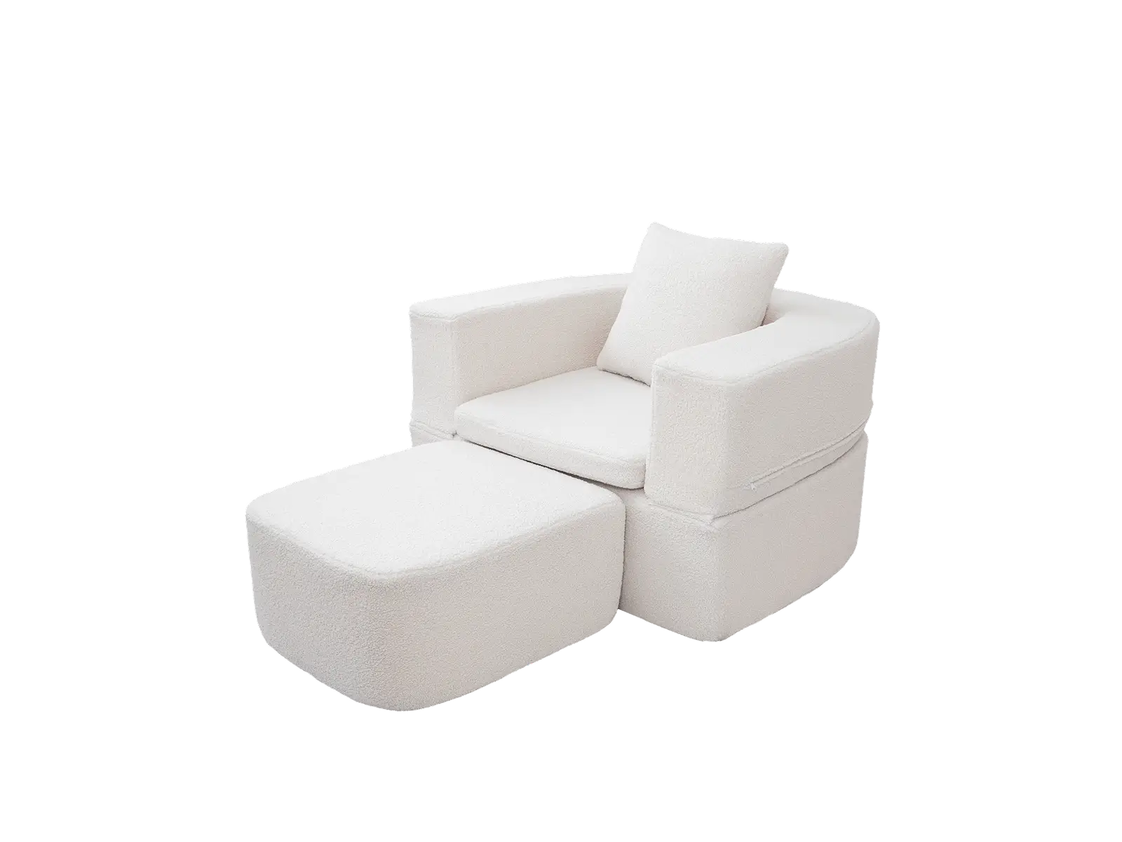 Essential 1-Seater White Small Space Single Sofa | Teddy Velvet Fabric, Includes Ottoman, Convertible Sleeper Design
