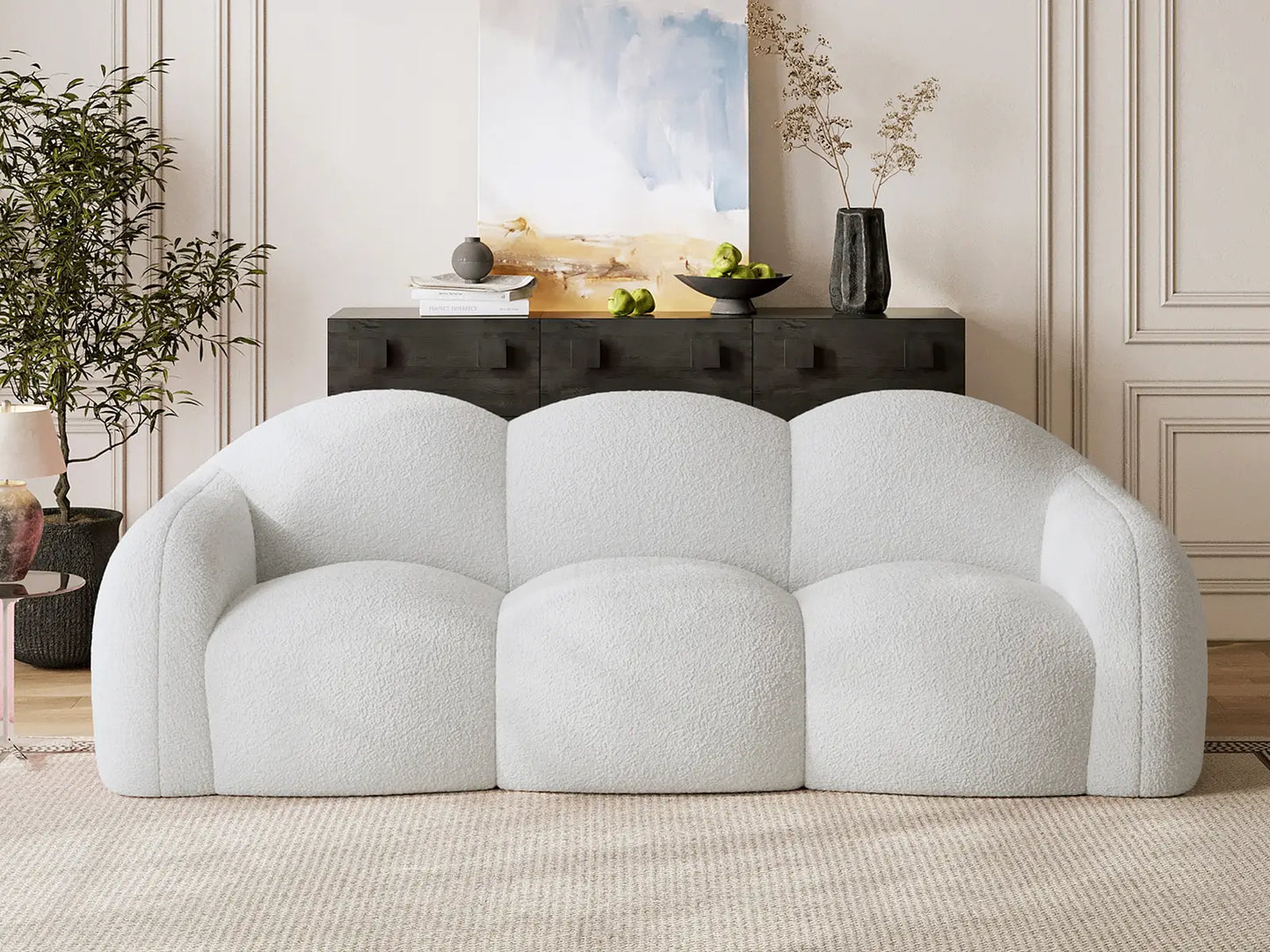 Essential 3-Seater Beige Small Space Couch Sectional | 1-Piece, Teddy Velvet Fabric, Apartment Friendly