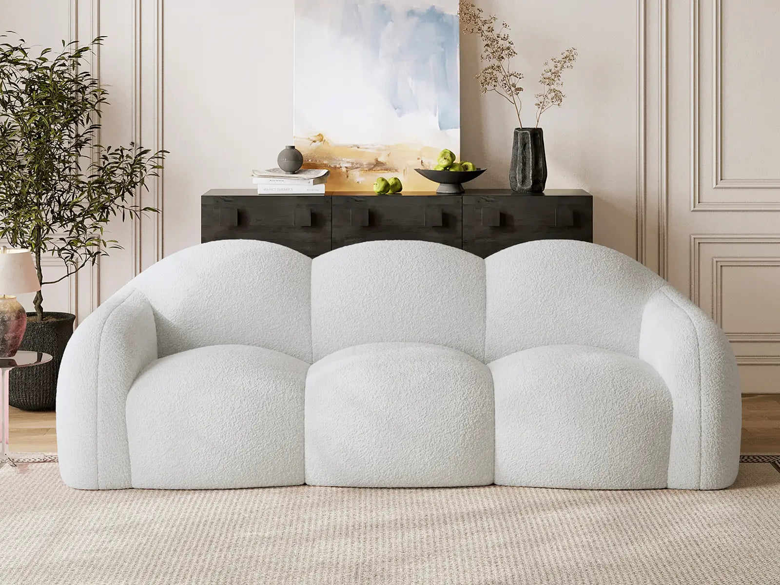 Essential 3-Seater Beige Small Space Couch Sectional | 1-Piece, Teddy Velvet Fabric, Apartment Friendly