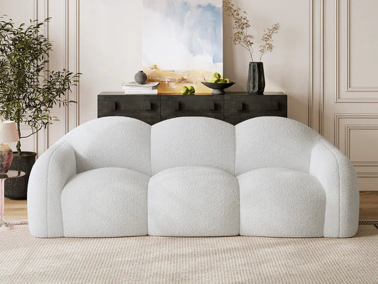 Essential 3-Seater Beige Small Space Couch Sectional | 1-Piece, Teddy Velvet Fabric, Apartment Friendly