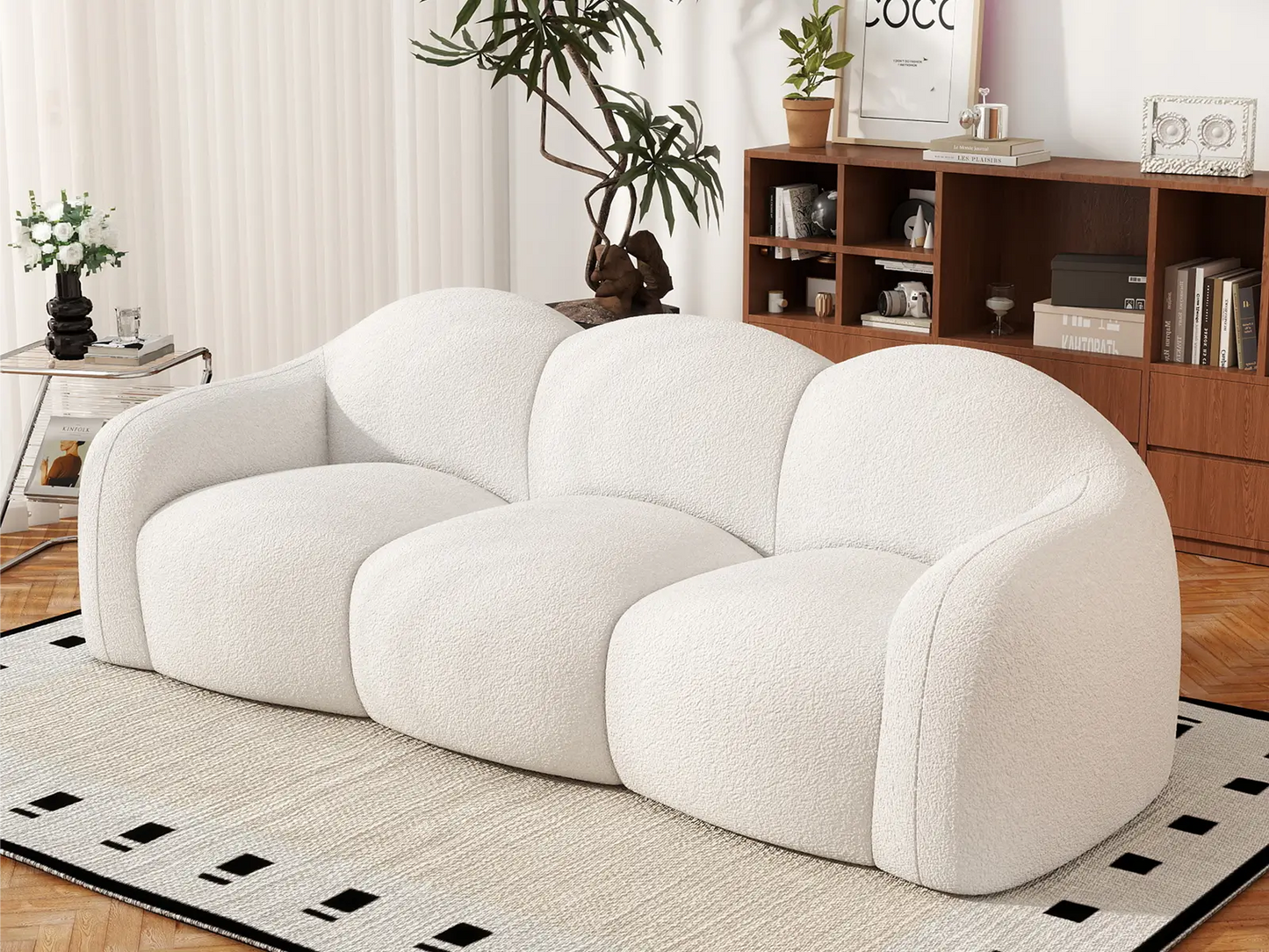 Essential 3-Seater Beige Small Space Couch Sectional | 1-Piece, Teddy Velvet Fabric, Apartment Friendly