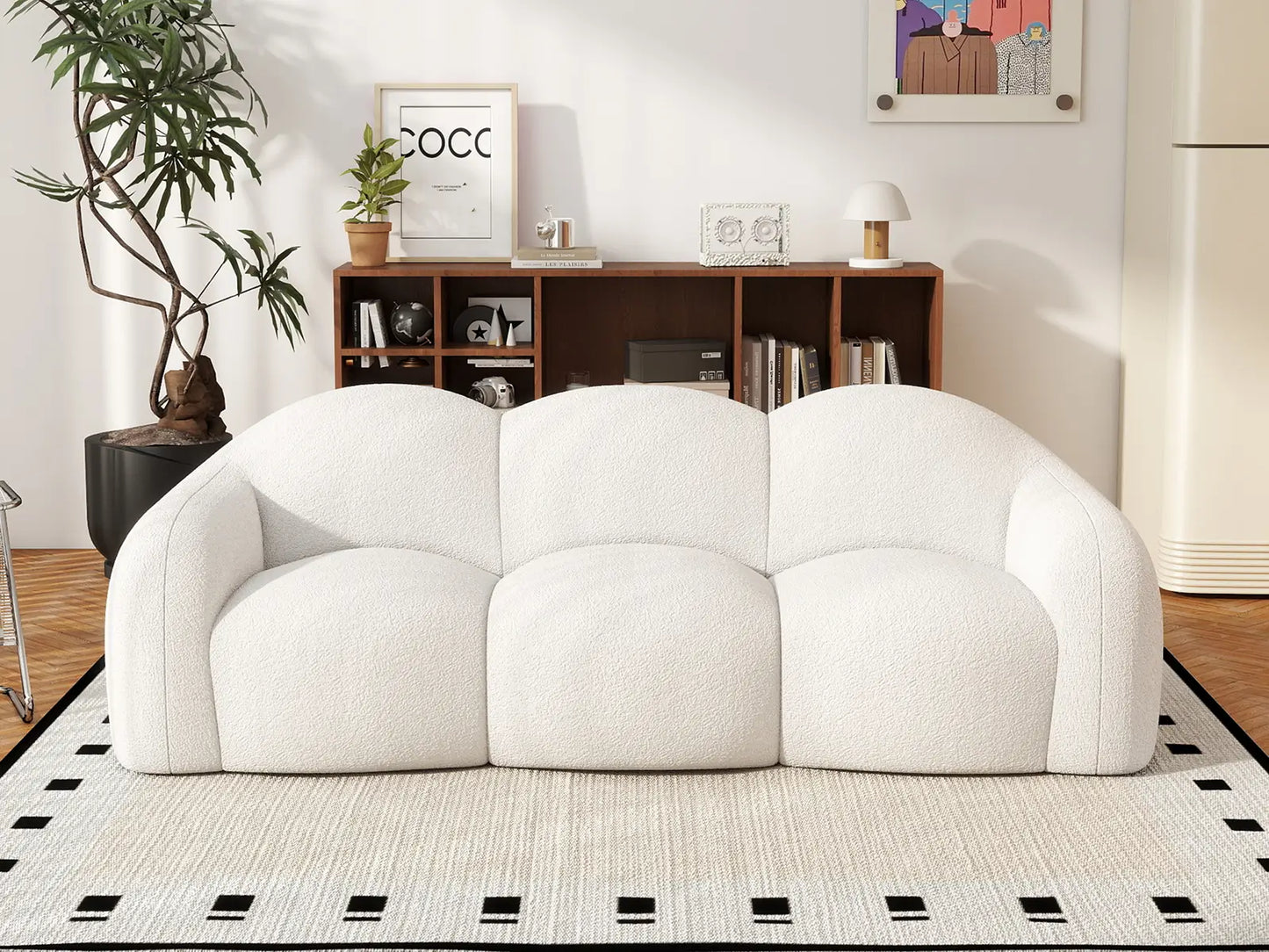 Essential 3-Seater Beige Small Space Couch Sectional | 1-Piece, Teddy Velvet Fabric, Apartment Friendly
