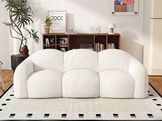 Essential 3-Seater Beige Small Space Couch Sectional | 1-Piece, Teddy Velvet Fabric, Apartment Friendly