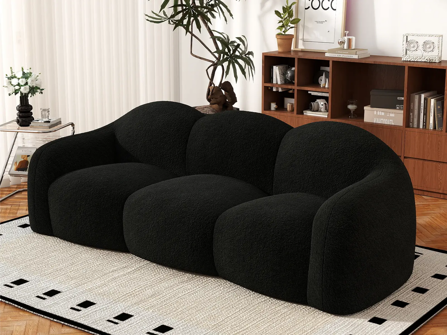 Essential 3-Seater Black Small Space Couch Sectional | 1-Piece, Teddy Velvet Fabric, Apartment Friendly