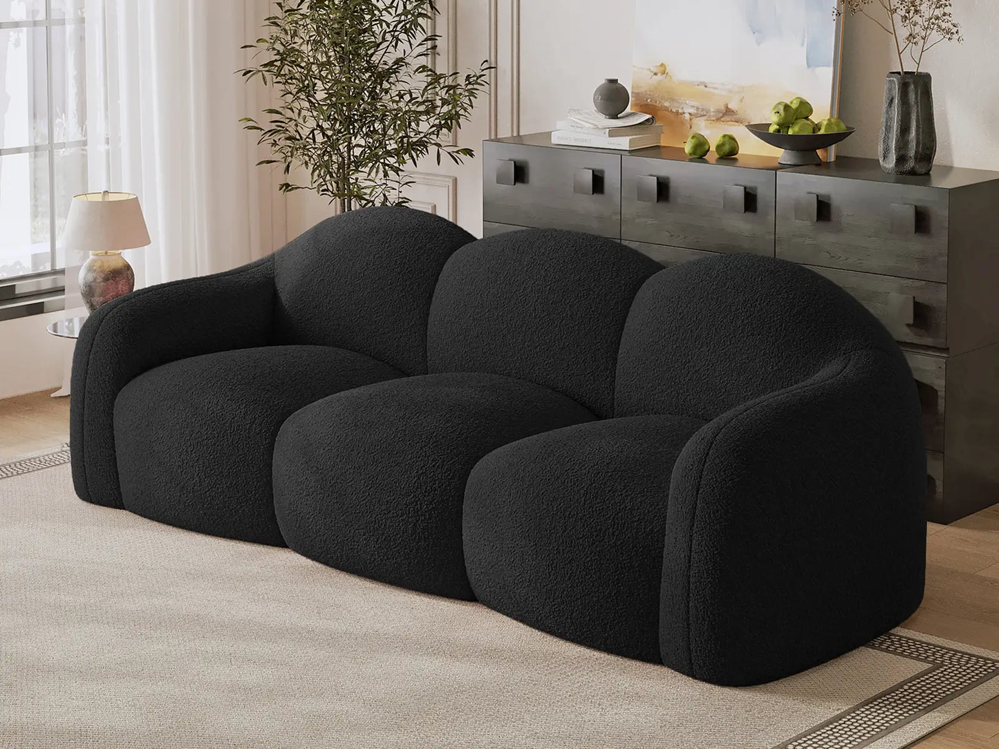 Essential 3-Seater Black Small Space Couch Sectional | 1-Piece, Teddy Velvet Fabric, Apartment Friendly