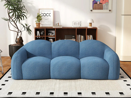Essential 3-Seater Blue Small Space Couch Sectional | 1-Piece, Teddy Velvet Fabric, Apartment Friendly