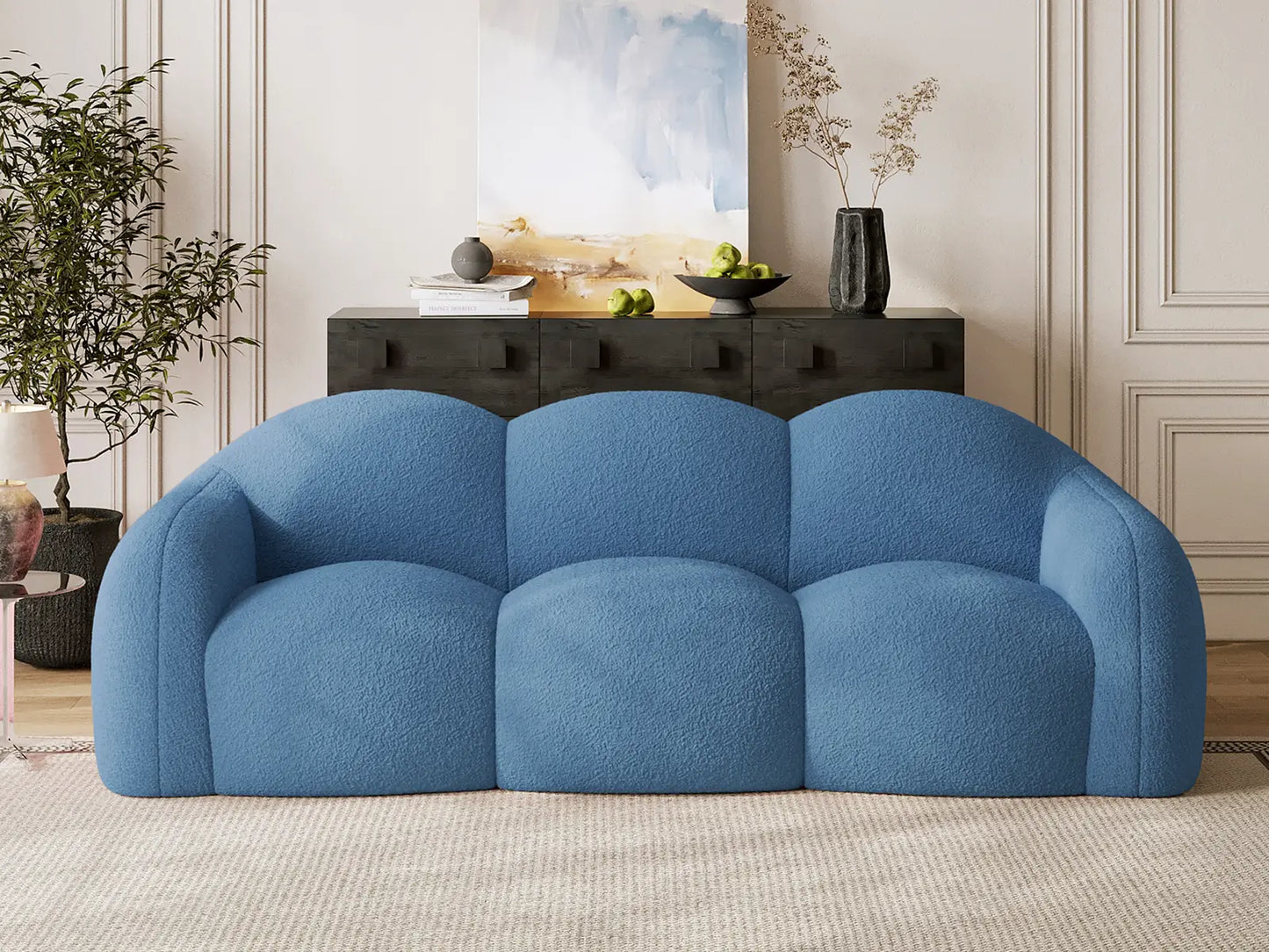 Essential 3-Seater Blue Small Space Couch Sectional | 1-Piece, Teddy Velvet Fabric, Apartment Friendly
