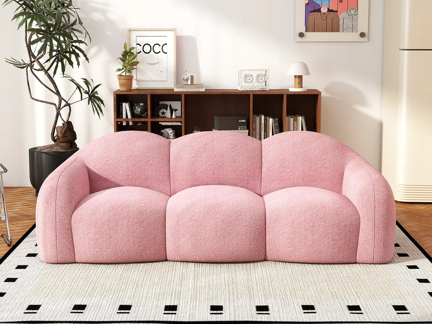 Essential 3-Seater Pink Small Space Couch Sectional | 1-Piece, Teddy Velvet Fabric, Apartment Friendly