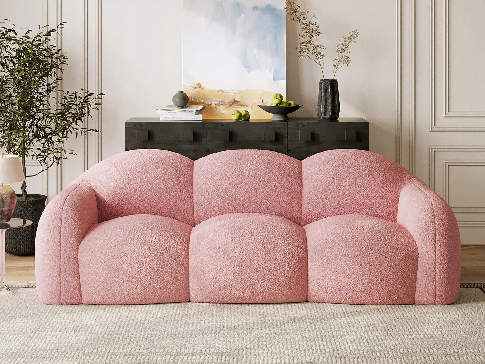 Essential 3-Seater Pink Small Space Couch Sectional | 1-Piece, Teddy Velvet Fabric, Apartment Friendly