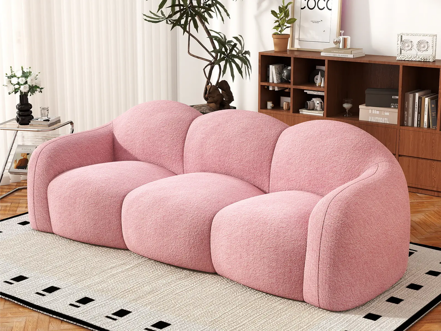 Essential 3-Seater Pink Small Space Couch Sectional | 1-Piece, Teddy Velvet Fabric, Apartment Friendly