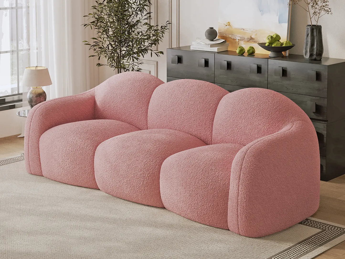 Essential 3-Seater Pink Small Space Couch Sectional | 1-Piece, Teddy Velvet Fabric, Apartment Friendly