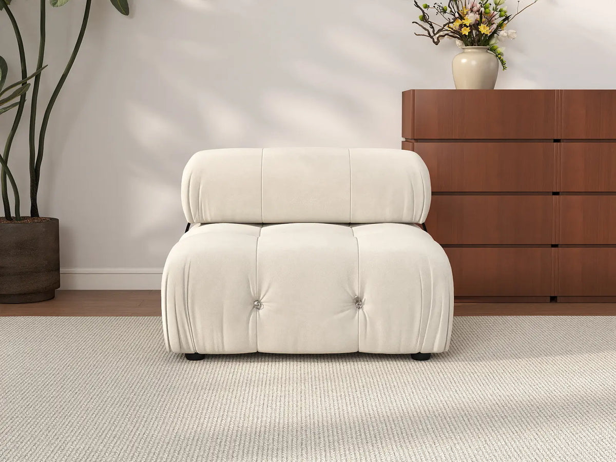Éther Beige 1-Seater Single Sofa | 1-Piece, Velvet Fabric, Fixed Upholstery