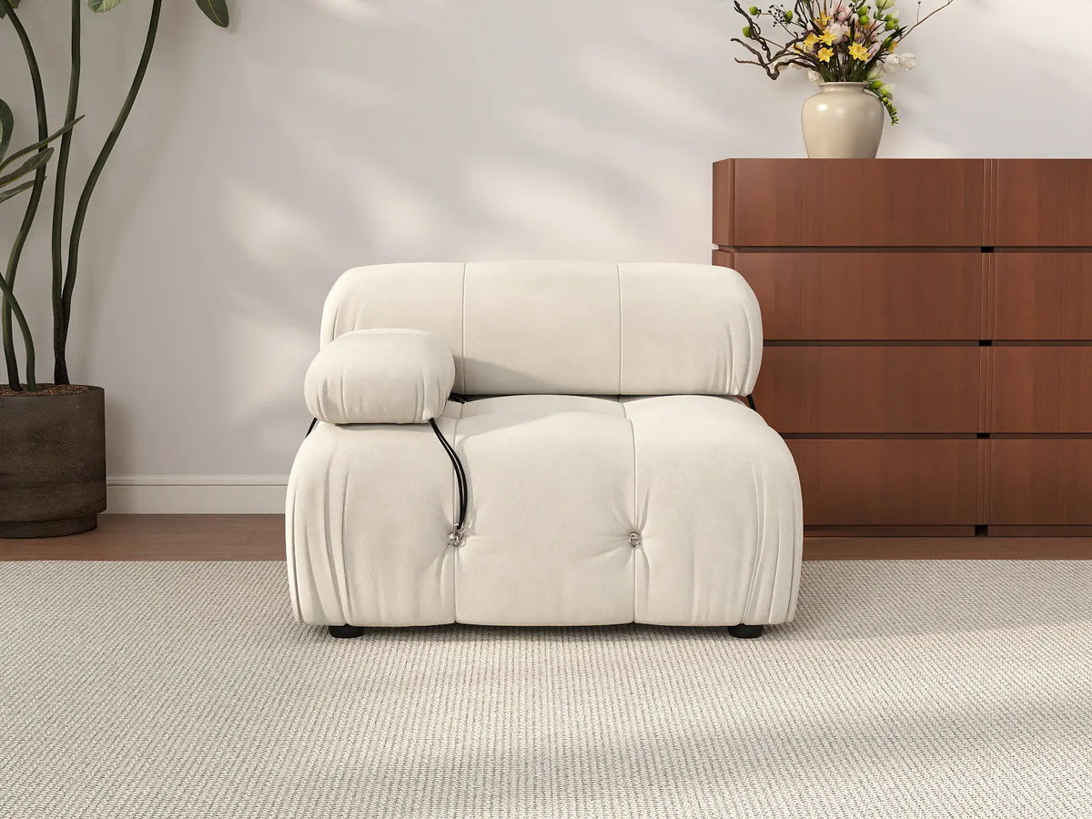 Éther Beige 1-Seater Single Sofa | 1-Piece, Velvet Fabric, Fixed Upholstery
