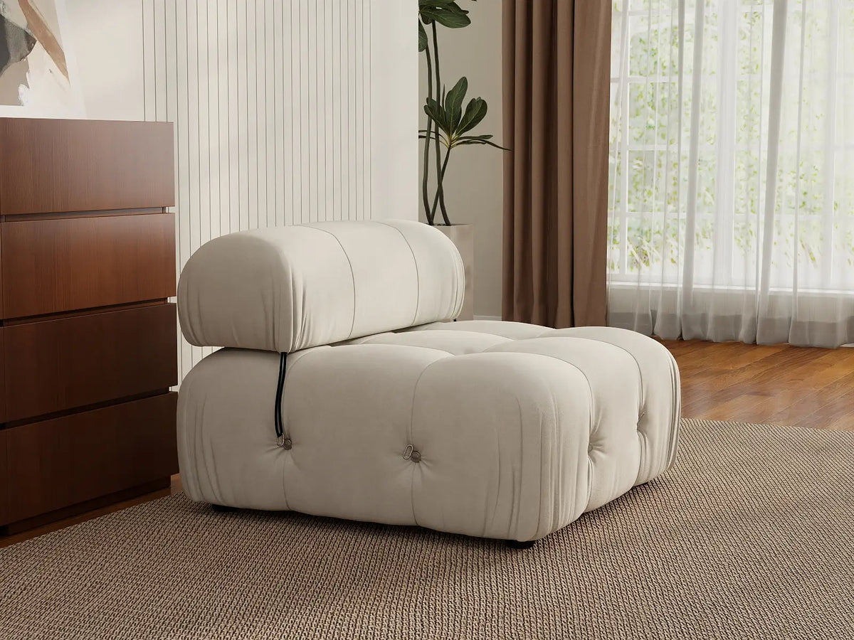 Éther Beige 1-Seater Single Sofa | 1-Piece, Velvet Fabric, Fixed Upholstery