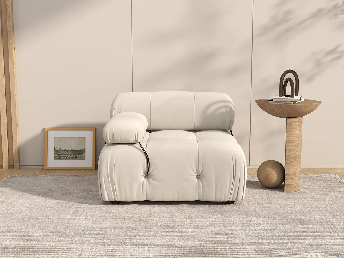 Éther Beige 1-Seater Single Sofa | 1-Piece, Velvet Fabric, Fixed Upholstery