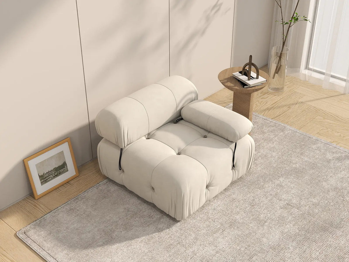 Éther Beige 1-Seater Single Sofa | 1-Piece, Velvet Fabric, Fixed Upholstery