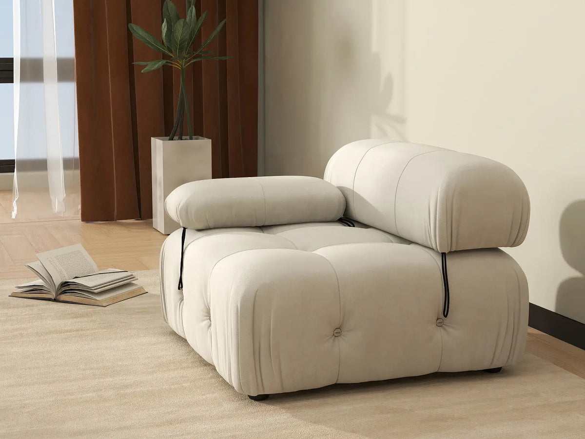 Éther Beige 1-Seater Single Sofa | 1-Piece, Velvet Fabric, Fixed Upholstery