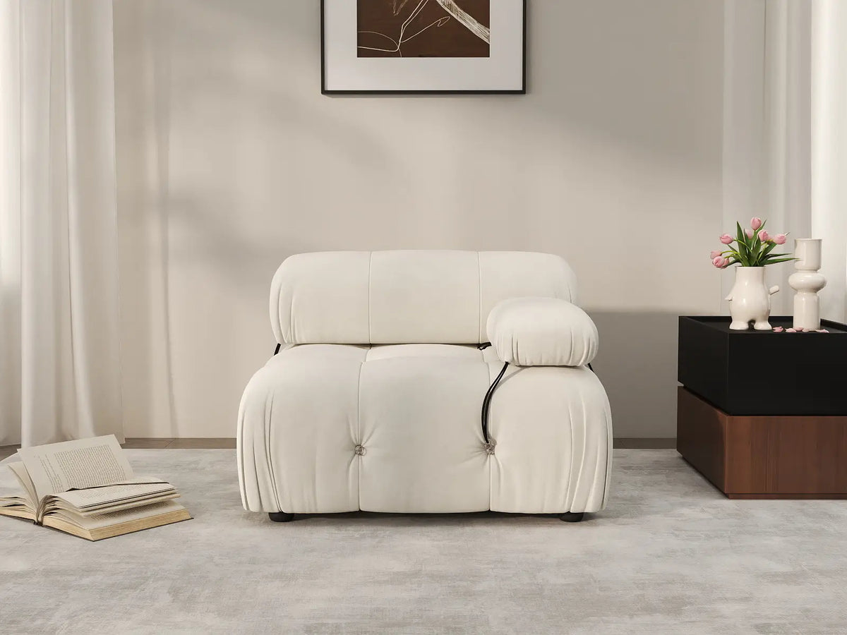 Éther Beige 1-Seater Single Sofa | 1-Piece, Velvet Fabric, Fixed Upholstery