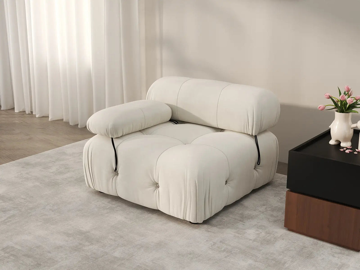 Éther Beige 1-Seater Single Sofa | 1-Piece, Velvet Fabric, Fixed Upholstery