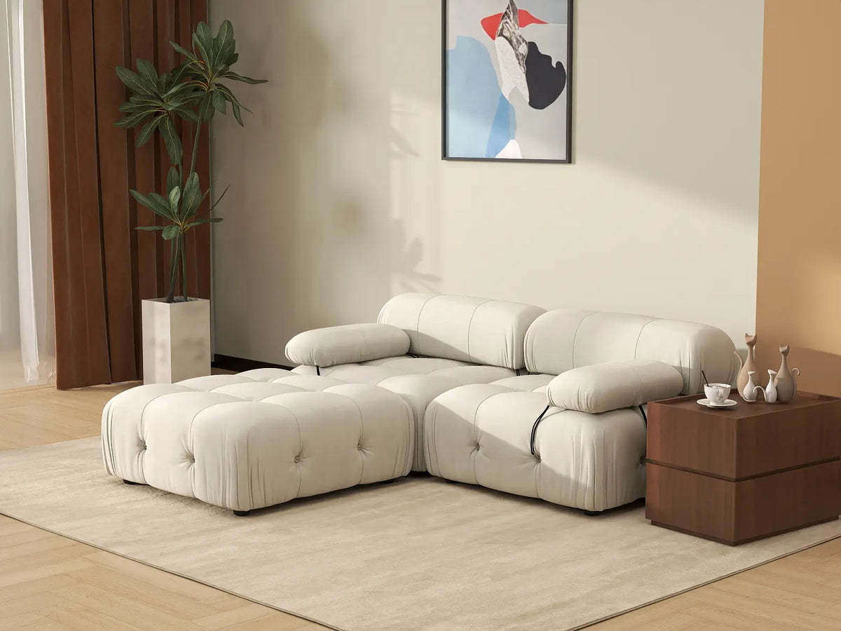 Éther Beige 2-Seater Chaise Sectionals | 3-Piece (includes 1 ottoman), Velvet Fabric, Fixed Upholstery