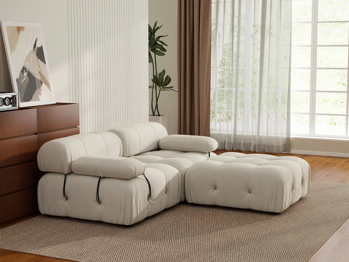 Éther Beige 2-Seater Chaise Sectionals | 3-Piece (includes 1 ottoman), Velvet Fabric, Fixed Upholstery