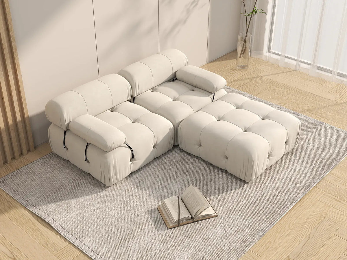 Éther Beige 2-Seater Chaise Sectionals | 3-Piece (includes 1 ottoman), Velvet Fabric, Fixed Upholstery