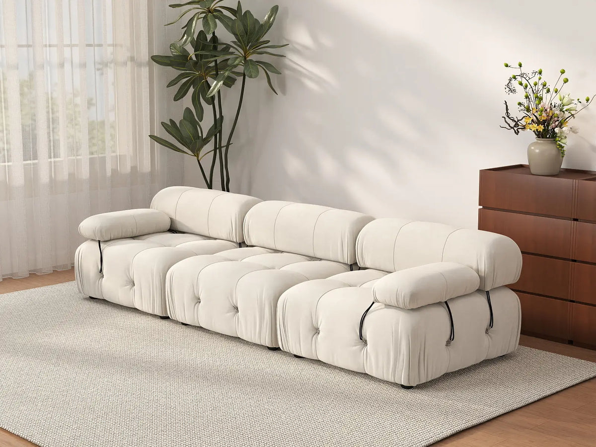 Éther Beige 3-Seater Couch Sectionals | 3-Piece, Velvet Fabric, Fixed Upholstery