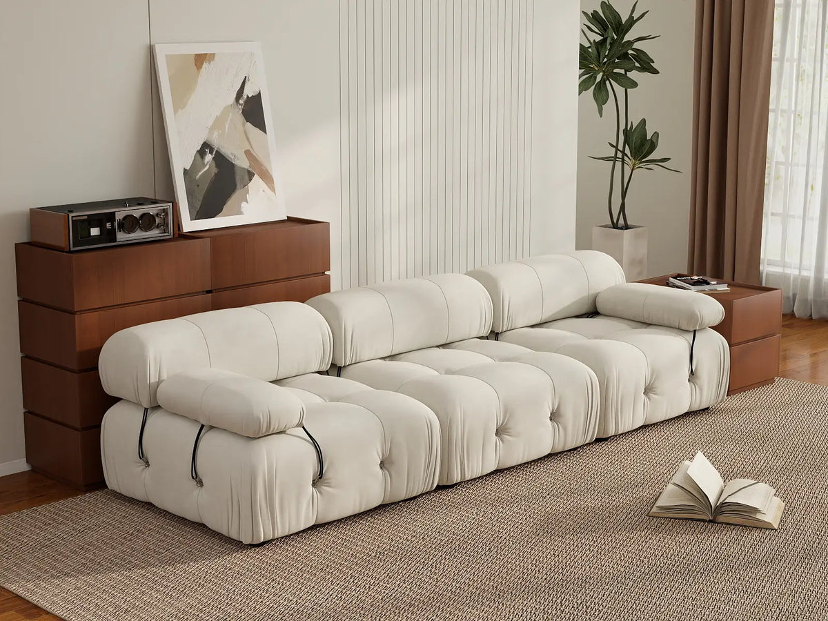 Éther Beige 3-Seater Couch Sectionals | 3-Piece, Velvet Fabric, Fixed Upholstery