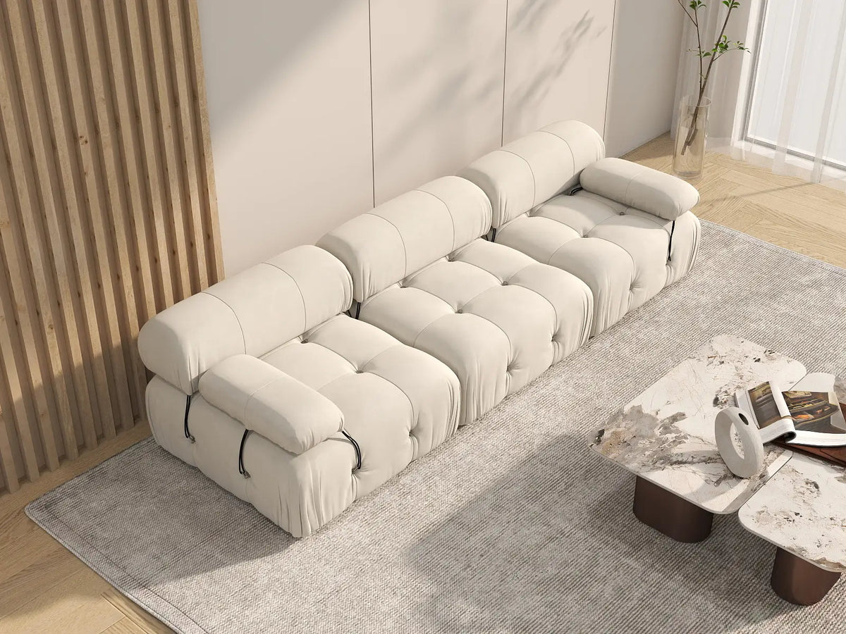 Éther Beige 3-Seater Couch Sectionals | 3-Piece, Velvet Fabric, Fixed Upholstery