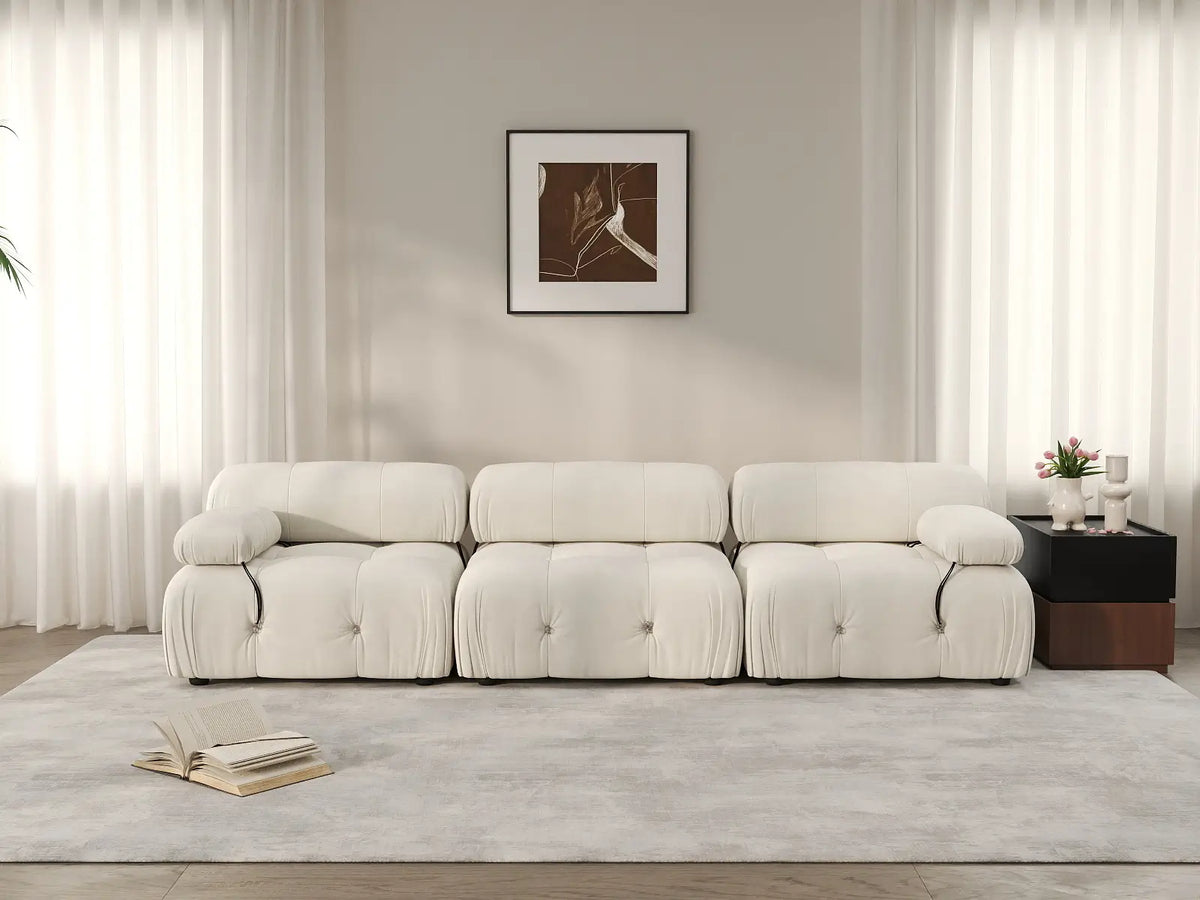 Éther Beige 3-Seater Couch Sectionals | 3-Piece, Velvet Fabric, Fixed Upholstery