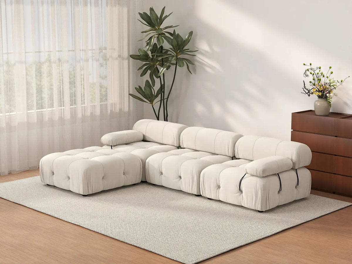 Sofá modular en forma de L Matrix de 3 plazas, color beige | 4 piezas (incluye 1 otomana), tela de terciopelo, gran capacidad.
