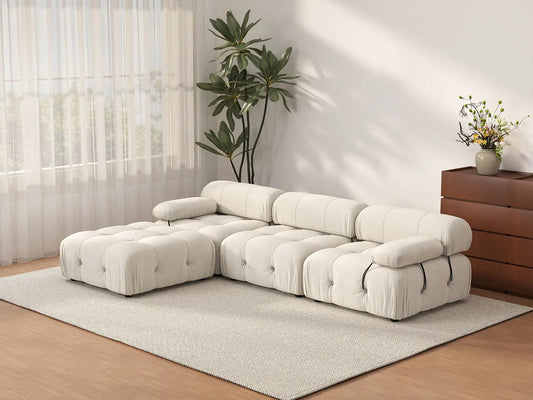Sofá modular en forma de L Matrix de 3 plazas, color beige | 4 piezas (incluye 1 otomana), tela de terciopelo, gran capacidad.