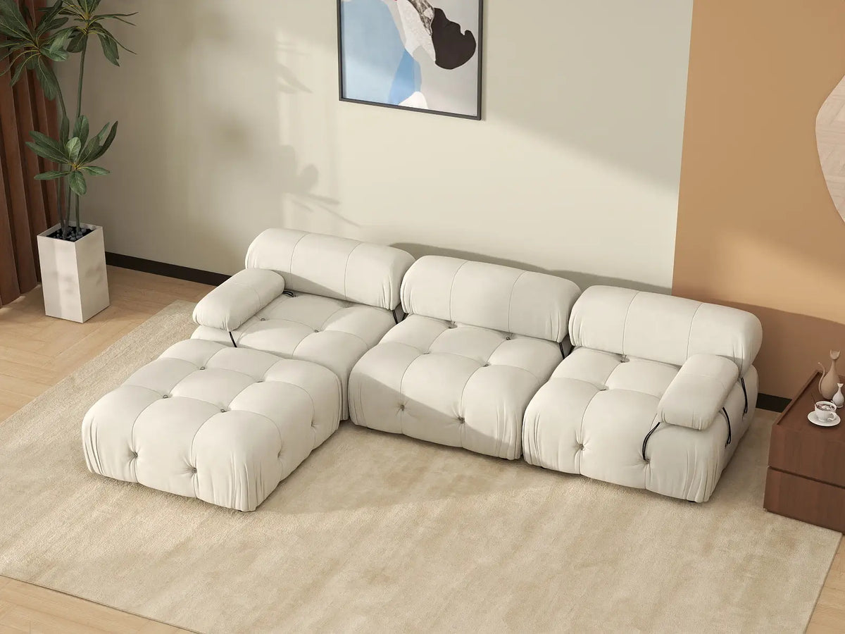Sofá modular en forma de L Matrix de 3 plazas, color beige | 4 piezas (incluye 1 otomana), tela de terciopelo, gran capacidad.