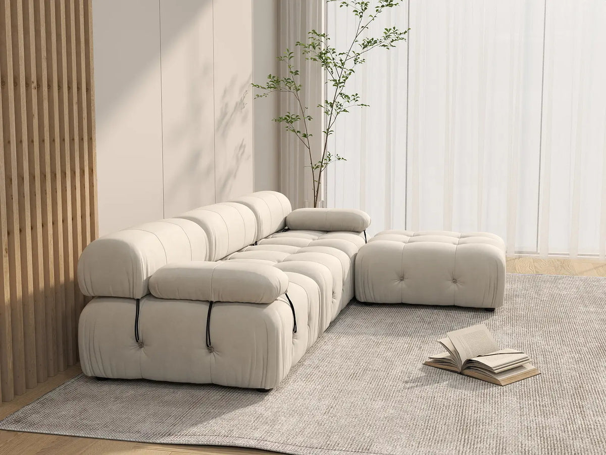 Sofá modular en forma de L Matrix de 3 plazas, color beige | 4 piezas (incluye 1 otomana), tela de terciopelo, gran capacidad.