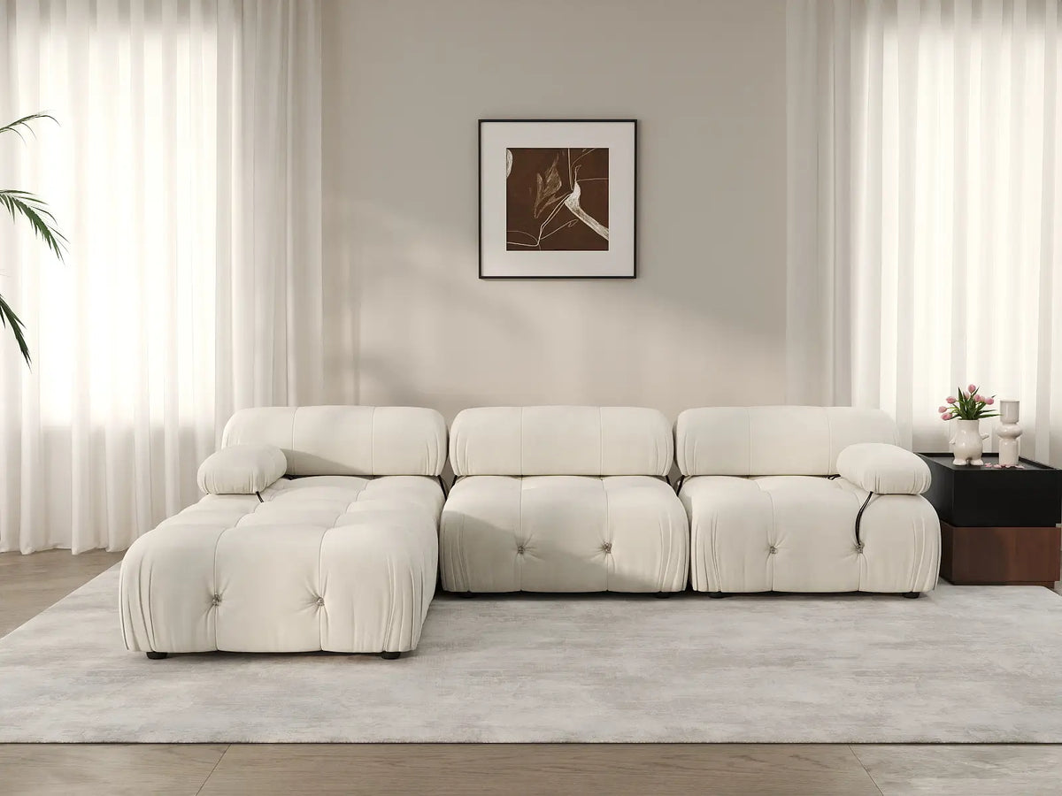 Sofá modular en forma de L Matrix de 3 plazas, color beige | 4 piezas (incluye 1 otomana), tela de terciopelo, gran capacidad.